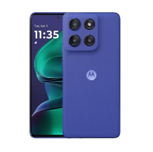 Motorola Edge 60 Stylus front and back view with built-in stylus and electric blue vegan leather finish