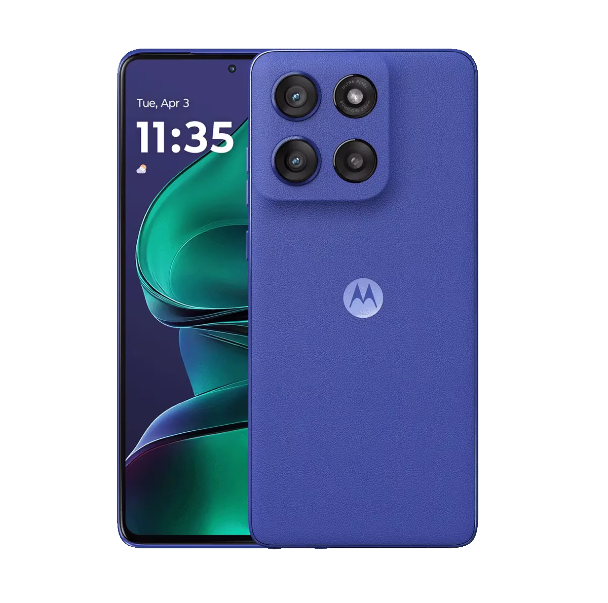 Motorola Edge 60 Stylus front and back view with built-in stylus and electric blue vegan leather finish